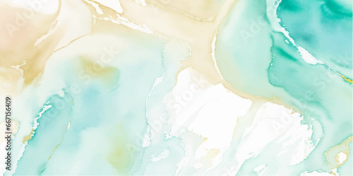 Abstract watercolor paint background illustration - Soft pastel green aquamarine color and golden lines, with liquid fluid marbled paper texture banner texture.	