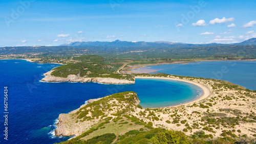 Fototapeta Naklejka Na Ścianę i Meble -  Beautiful aerial beach view in Greece- Travel, tour tourism, vacation- Voidokilia beach, Pylos, Peloponnese