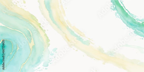 Abstract watercolor paint background illustration - Soft pastel green aquamarine color and golden lines, with liquid fluid marbled paper texture banner texture.	