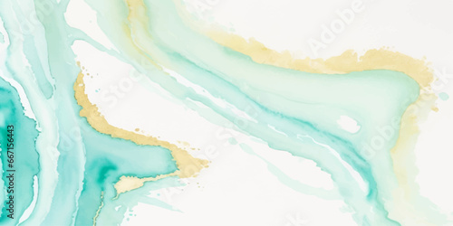 Abstract watercolor paint background illustration - Soft pastel green aquamarine color and golden lines, with liquid fluid marbled paper texture banner texture.	