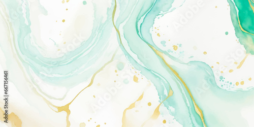 Abstract watercolor paint background illustration - Soft pastel green aquamarine color and golden lines, with liquid fluid marbled paper texture banner texture.	