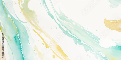 Abstract watercolor paint background illustration - Soft pastel green aquamarine color and golden lines, with liquid fluid marbled paper texture banner texture.	