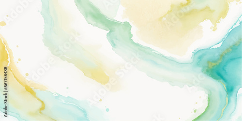 Abstract watercolor paint background illustration - Soft pastel green aquamarine color and golden lines, with liquid fluid marbled paper texture banner texture.	