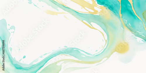Abstract watercolor paint background illustration - Soft pastel green aquamarine color and golden lines, with liquid fluid marbled paper texture banner texture.	