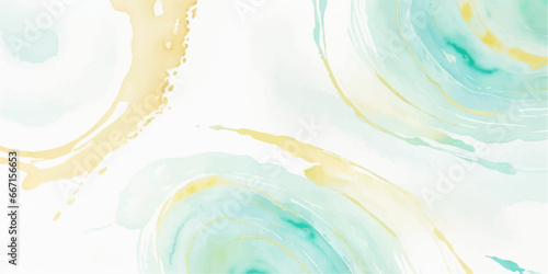 Abstract watercolor paint background illustration - Soft pastel green aquamarine color and golden lines, with liquid fluid marbled paper texture banner texture.	