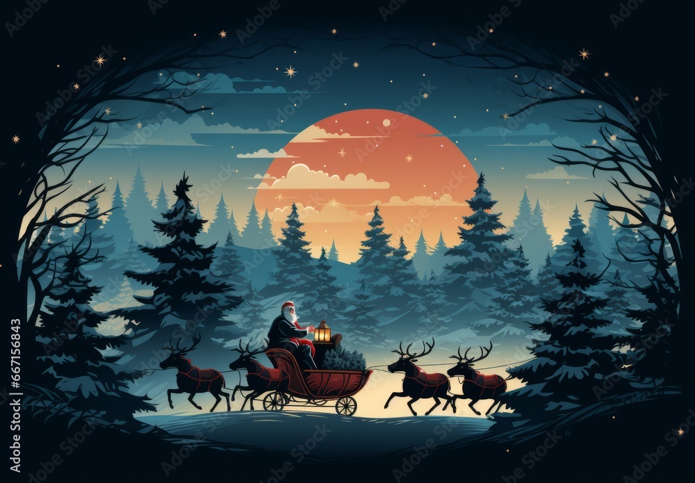 A silhouette of Christmas Santa with reindeers flying