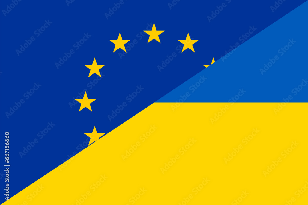 Ukraine and European Union flags on one canvas. A symbol of Europe's help against Russian aggression.