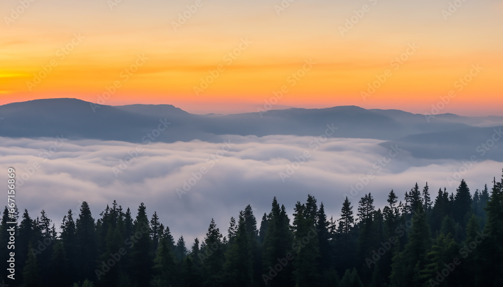 Sunrise over the mountain forest with fog.