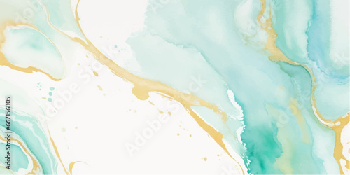 Abstract watercolor paint background illustration - Soft pastel green aquamarine color and golden lines, with liquid fluid marbled paper texture banner texture.	