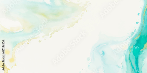 Abstract watercolor paint background illustration - Soft pastel green aquamarine color and golden lines, with liquid fluid marbled paper texture banner texture. 