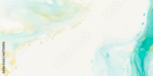 Abstract watercolor paint background illustration - Soft pastel green aquamarine color and golden lines, with liquid fluid marbled paper texture banner texture.	