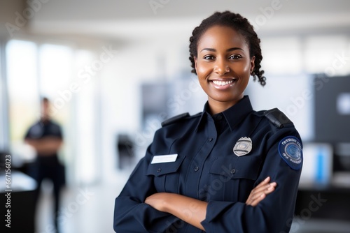 Portrait of black woman cop demonstrating dedicated smiling officer. Official uniform serves as symbol of honor and source of inspiration reminding people of commitment to serve with protect photo