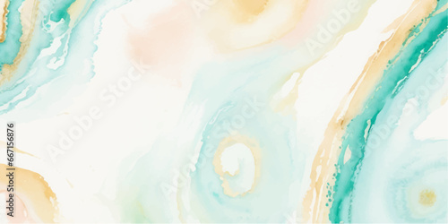 Abstract watercolor paint background illustration - Soft pastel green aquamarine color and golden lines, with liquid fluid marbled paper texture banner texture.	