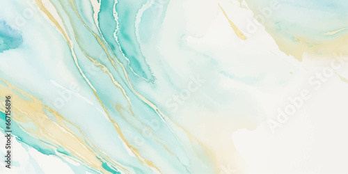 Abstract watercolor paint background illustration - Soft pastel green aquamarine color and golden lines, with liquid fluid marbled paper texture banner texture.	