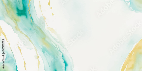 Abstract watercolor paint background illustration - Soft pastel green aquamarine color and golden lines, with liquid fluid marbled paper texture banner texture.	