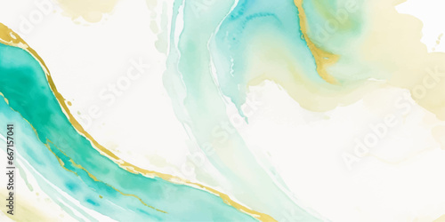 Abstract watercolor paint background illustration - Soft pastel green aquamarine color and golden lines, with liquid fluid marbled paper texture banner texture.	