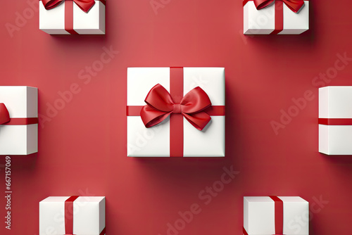 Blank white gift box open or top view of white present box tied with red ribbon bow isolated on dark red background. AI Generative © Nhan