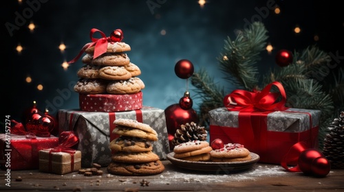 Christmas gift boxes and sweets near decorated Christmas tree. Blue background with lights blurred. New year concept.