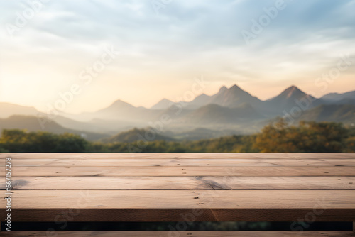 The wooden terrace is in front of a blurred Christmas background, There is a white table top made of wood, with a perspective view, The sky is natural with light and a blurred mountain background