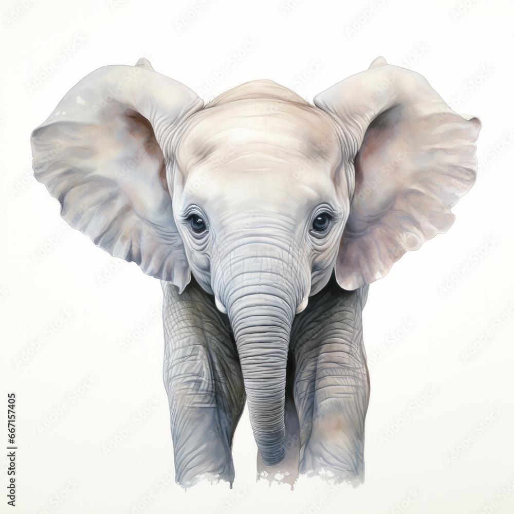 Adorable pastel illustration: Baby elephant portrait for kids room, clean design on white backdrop.