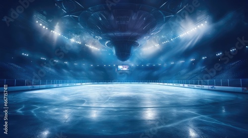 Ice arena, nobody. Dramatic lighting