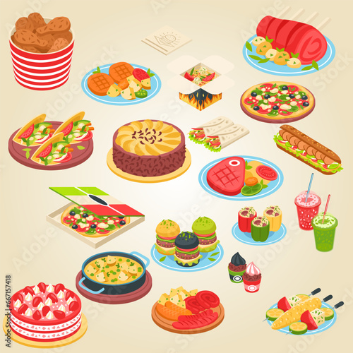 vector fast food and beverages isometric set