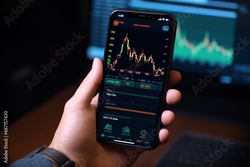 Photo of a crypto trader holds smartphone displaying fluctuating digital currency market. Investor constantly analyzes data staying informed to make well-thoughtful decisions to impact investments
