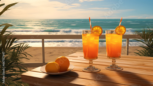 Orange juice in a glass and oranges on a wooden table overlooking the beach and sea.