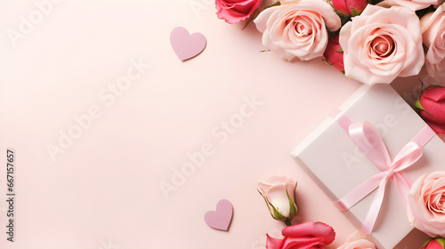 Pink gift box with pink roses on pink background with copy space.