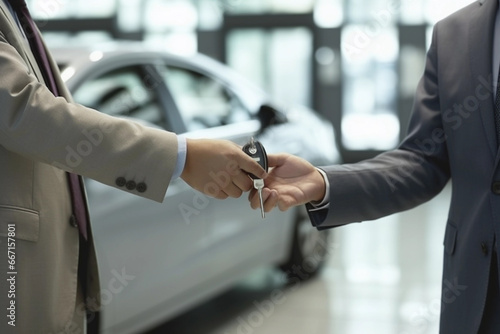 Car Rental Business: Close-up of Agent Handing Key to Client for Sightseeing Travel. Generative Ai.
