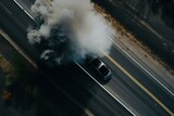 Top view driver drift black car on road track, race automotive car drift abstract road tire skid mark, lots of smoke, from above. Generative AI