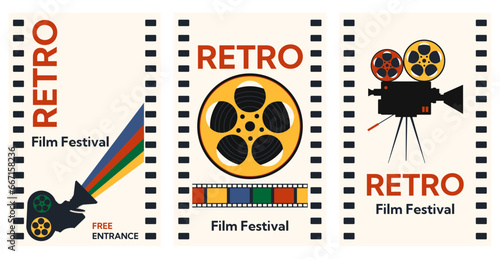 Vector set of retro vertical posters with vintage film camera and film reel. Template for film festival backgrounds. Vector illustration