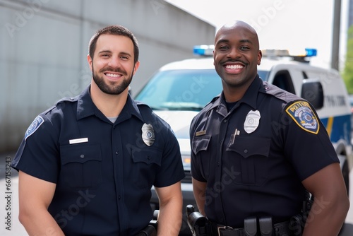 Photo of an African American police officer and white police officer stand together. Black cop with white cop pose. African American with European colleague pose against police car before shift photo