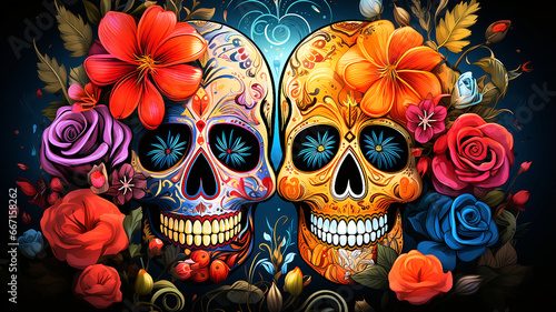 skull schädel totenkopf la catrina muerta blumen bunt ai