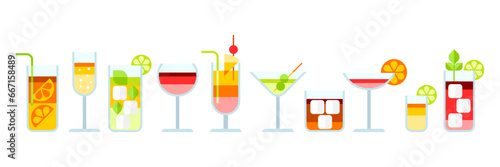 Set with various cocktails. Alcoholic drinks and in glasses.