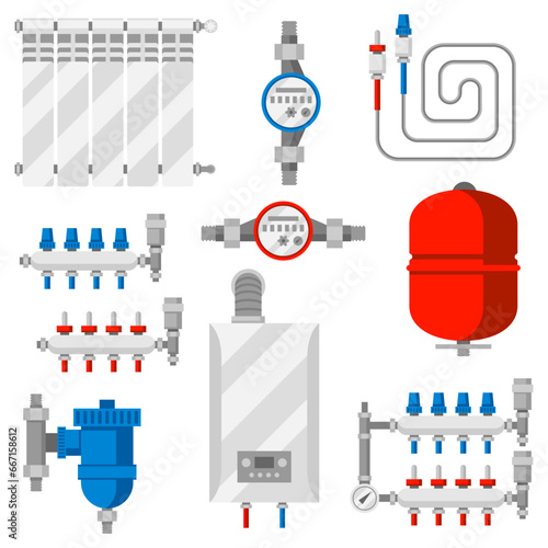 Set of objects for heating. Industrial image of plumbing objects.