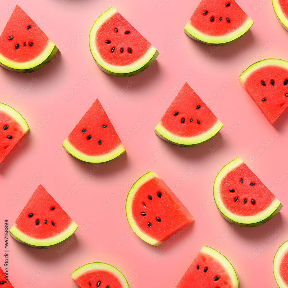 Summer and fruit concept on a pastel pink background. A pattern of fresh slices of watermelon. Summer and fruit concept on a pastel pink background. A pattern of fresh slices of watermelon.