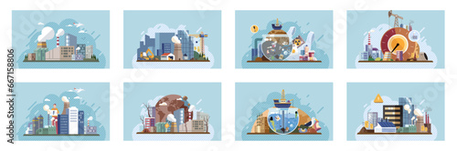 Industrial pollution. Dirty waste. Environmental pollution. Vector illustration. Smokes with smog are manifestation our industrialized society Trash emission is overlooked aspect environmental