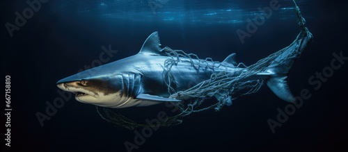 Blue shark captured in net