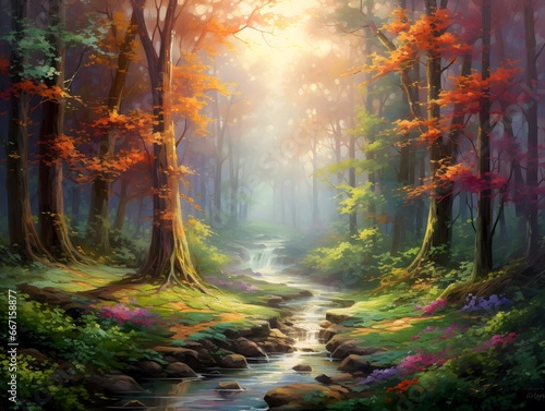 Digital painting of a forest river in a misty autumnal forest