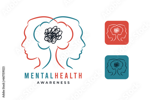 Two woman heads with chaotic mind vector logo for mental health awareness. Flat line drawing icon illustration concept