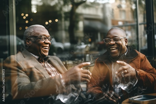 Old African American friends with beards exchange stories with laughter at cafe bask in warm companionship. Bearded old men pensioners laugh and reminisce memories savoring comfort of company at cafe. photo