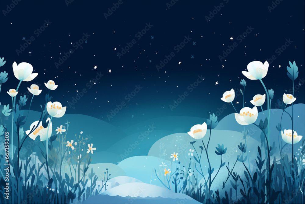 plants and flowers surround a blue background with snow falling plants and flowers surround a blue background with snow falling