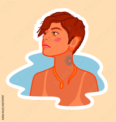 Sticker with the image of a tanned girl with a short haircut with a tattoo on her neck and piercing