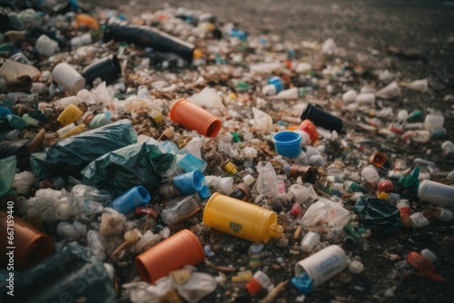 A large pile of empty plastic bottles and garbage on the ground by the sea