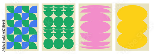 Playful naive abstract background. Posters with geometric shapes in trendy retro brutalist style. Flier with oval and sircle Swiss design aesthetic. Brutal contemporary figure.