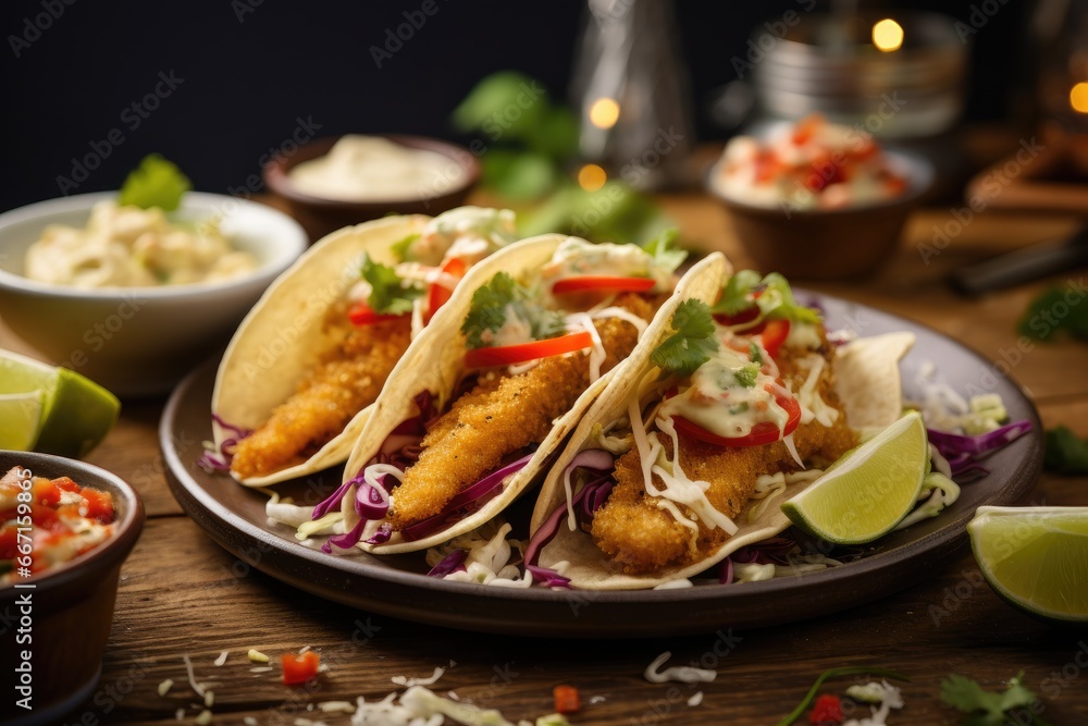 three fish tacos on a plate with cole slaw and lime wedges. generative ai three fish tacos on a plate with cole slaw and lime wedges. generative ai