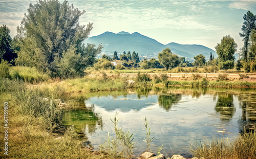 Small lake near the road in the foothills on a summer day