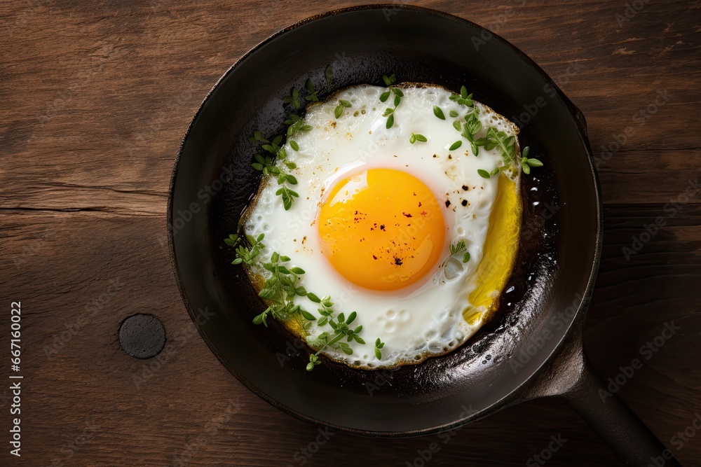 a fried egg in a frying pan on a wooden table. generative ai a fried egg in a frying pan on a wooden table. generative ai