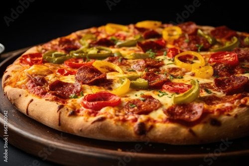  a pizza with pepperoni, peppers, and green peppers.  generative ai